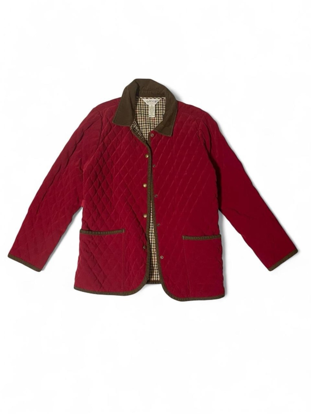 Red Orvis quilted riding jacket